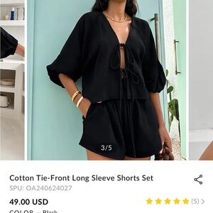 Commense Black Cotton Tie-Front Long Sleeve Shorts Set